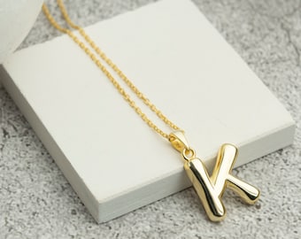 Initial Letter Necklace, Initial Gold Plated Necklace, Puff Letter Necklace, Gold and Rose Gold Sterling Silver Necklace, Mother Day Gifts