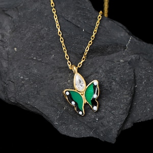 Multicolor Dainty Butterfly Necklace Diamond and Enamel Butterfly Pendant King Butterfly Necklace Gift For Daughter Layering Necklace