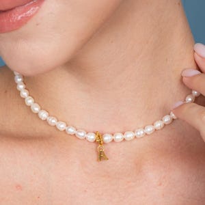 Personalized Gold Initial Pearl Necklace Custom Initial Charm with Waterproof Pearl Chain Coquette Jewelry Gift for Her Bridesmaid Gift