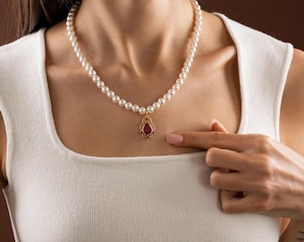 Statement Pearl Necklace with  Emerald Green Sapphire Blue or Ruby Red Zircon Bridal Jewelry