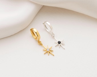 North Star Birthstone Hoop Earrings, 925 Sterling Silver Celestial Huggie, Black Onyx Starburst Dangles