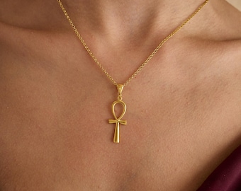 Gold Plated Ankh Necklace Ancient Egyptian Pendant Antique Egypt Jewelry Symbol Life Necklace African Jewelry Women Gift for Her