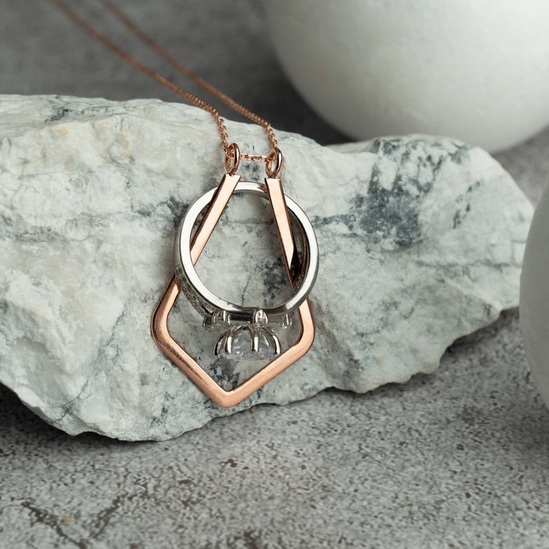 Necklace Ring Holder, Men Women Sterling Silver Ring Holder Necklace, Zircon Stone Ring Holder Necklace, Gift For Mother, Gold and Rose Gold 