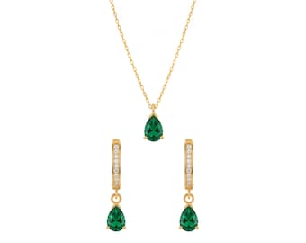 Elegantes Smaragd Collier & Ohrringe im Set: Gold Pave Hochzeitsschmuck