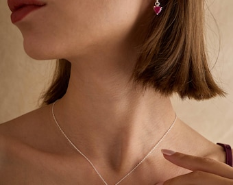 Heart Ruby Hoop Earrings and Necklace Set, Sterling Silver July Birthstone Jewelry