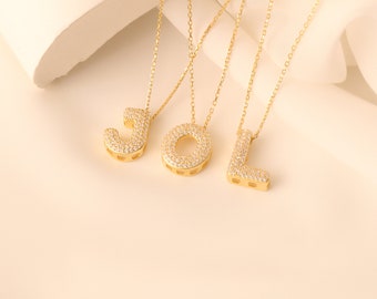 Bubble Initial Pendant Necklace Diamond Pave Balloon Letter Gold Necklace Bubble Initial Necklace Pave Puff Personalized Letter Necklace