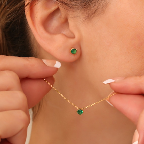 Boucles D’Oreilles Clous Argent 925 – Émeraude Naturelle Et Diamant – Fait Main