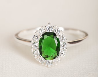 Dainty Emerald Art Deco Ring Engagement Green Emerald Ring Dainty Oval Emerald Ring May Birthstone Ring Promise Ring