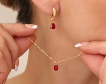 Ruby Necklace  Ruby Earrings Set Red Ruby Pear Necklace Hoop Earrings Set Ruby Gift For Her Gold Pear Ruby Necklace Earrings