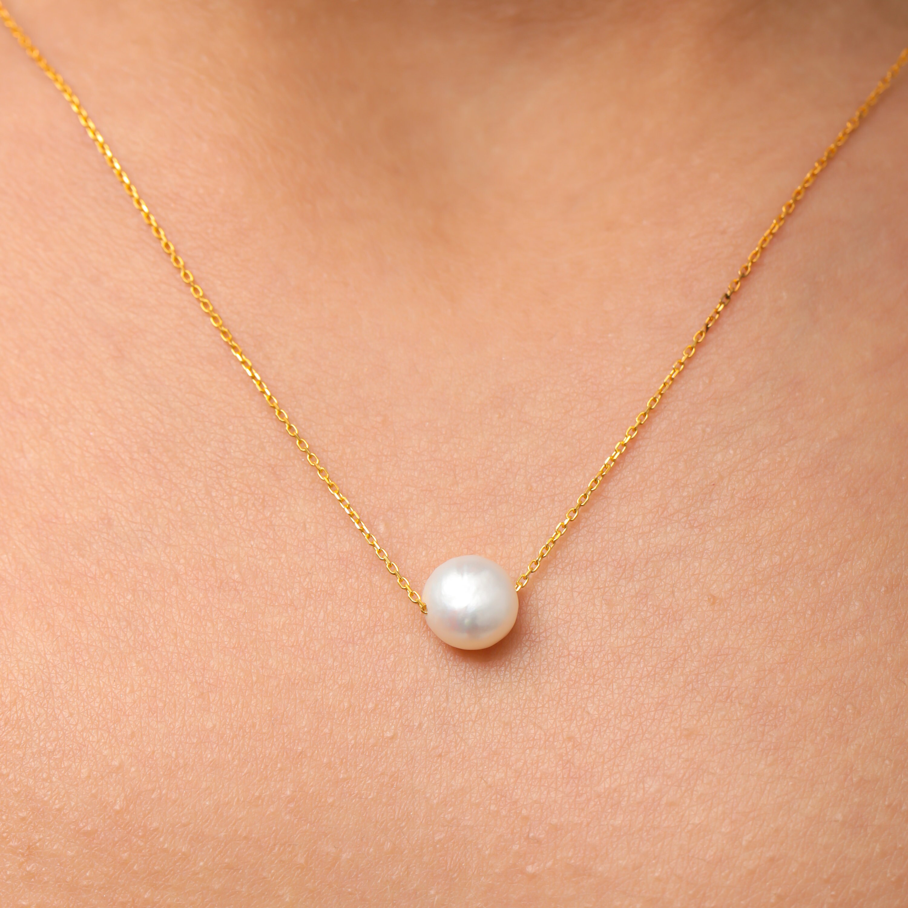Single Pearl White Gold Necklace and Bracelet Set Freshwater
