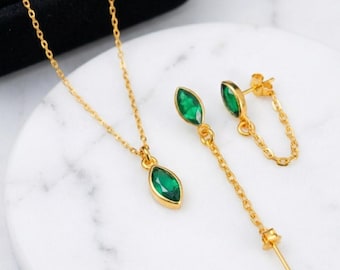 Marquise Emerald Green Jewelry Set, Gold Filled Sterling Silver Necklace Earrings