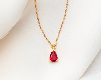 Red Ruby Necklace, Dainty Teardrop Red Ruby Pendant, July Birthstone Necklace, Gift For Daughter, Gift For Women, Silver Red Ruby Pendant