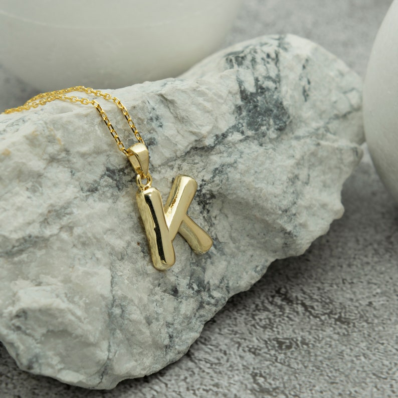 Initial Letter Necklace, Initial Gold Plated Necklace, Puff Letter Necklace, Gold and Rose Gold Sterling Silver Necklace, Mother Day Gifts image 3