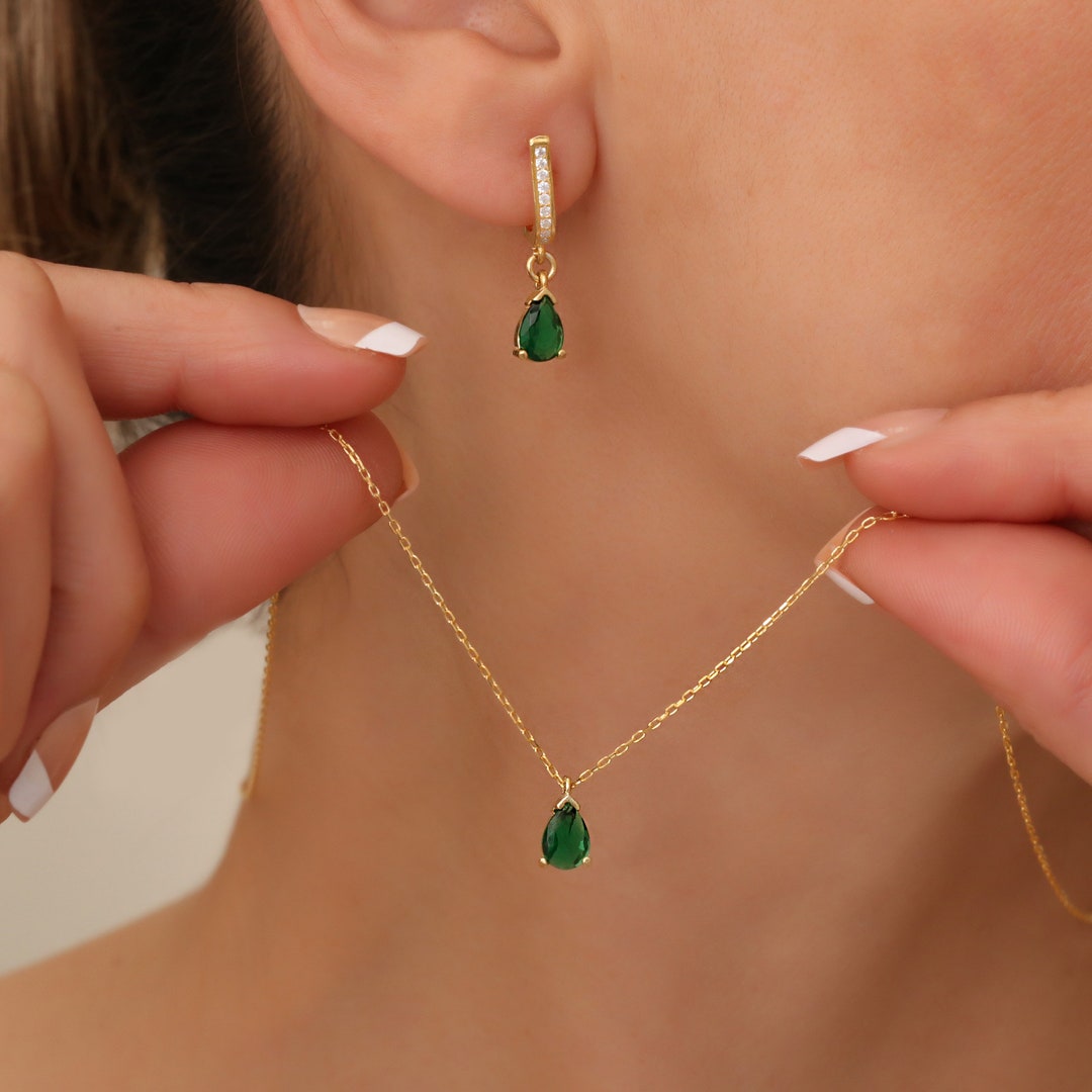 Dainty Pear Emerald Necklace Earrings Set: Gold Pave Wedding