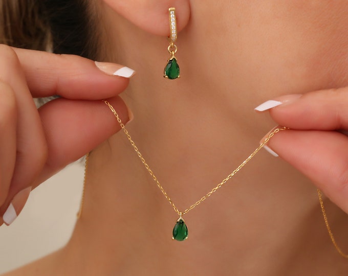 Pear Emerald Necklace and Pave Huggie Earrings Set – Sterling Silver Jewelry