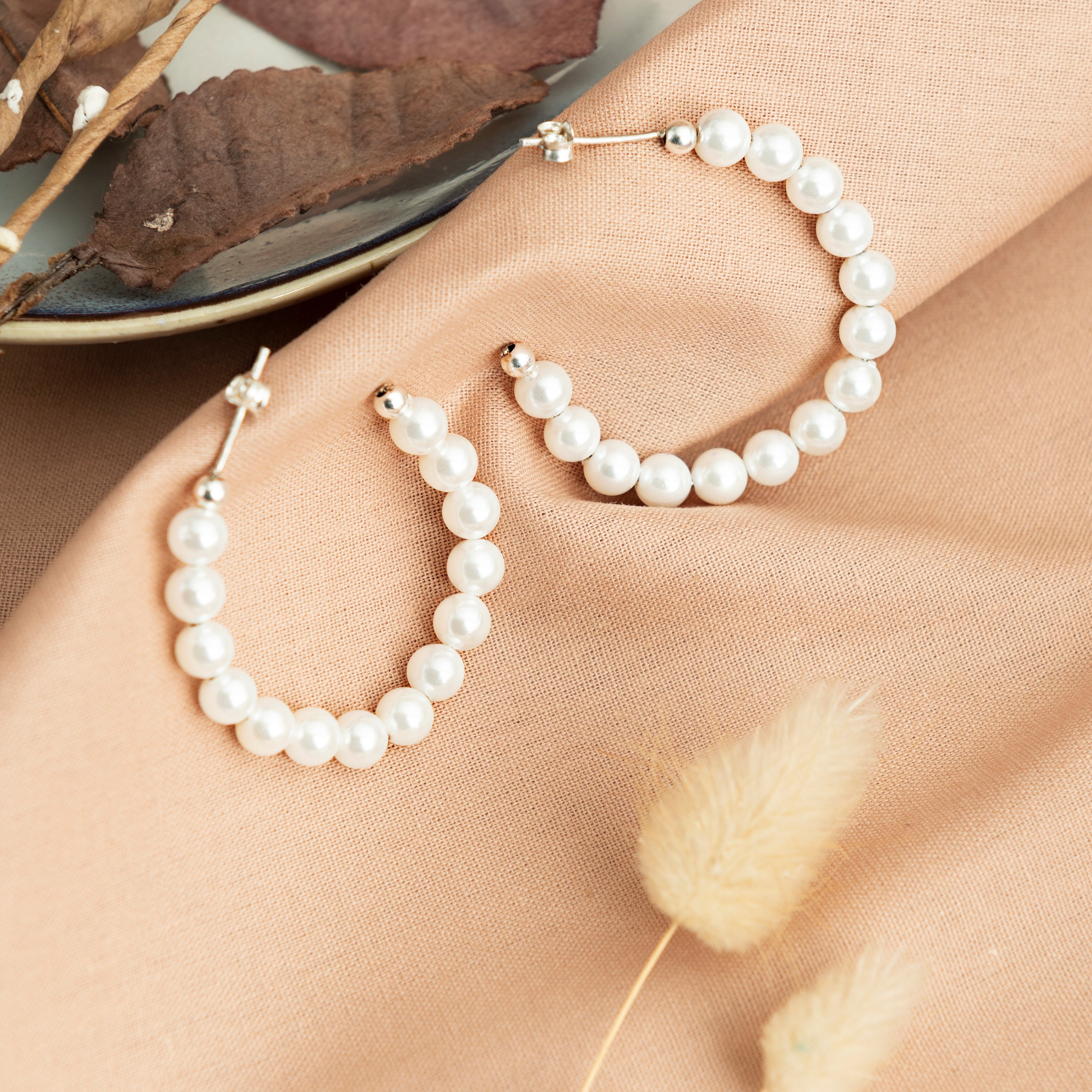 White pearl shop hoop earrings