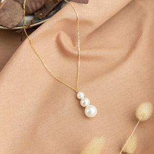 14k Solid Gold Triple Pearl Necklace: Dainty Minimalist Jewelry