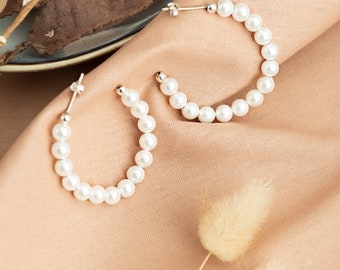 Pearl Hoop Earrings Gold, 14k Gold  Large Hoop Pearl Earrings, Silver or Gold Pearl Hoop Earrings, Gift For Bridesmaid, Wedding Gift
