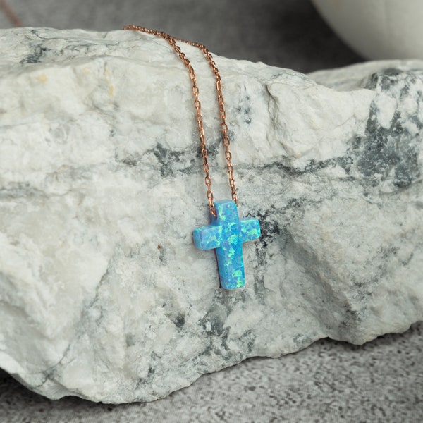 Tiny Opal Cross Necklace: 14K Real Gold or 925 Sterling Silver Chain