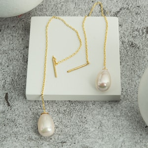 14K Gold Lange Perlenohrringe Echtgold Kette & Kristall Teardrop Perle Elegante baumeln Ohrringe für Frauen, Brautschmuck Geschenk für Sie