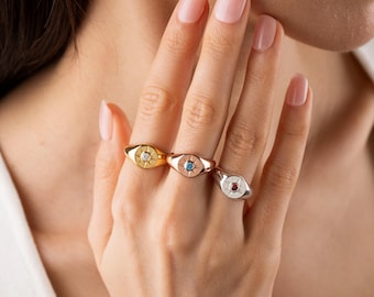 North Star Birthstone Ring, Personalized 18K Gold Filled Signet Ring