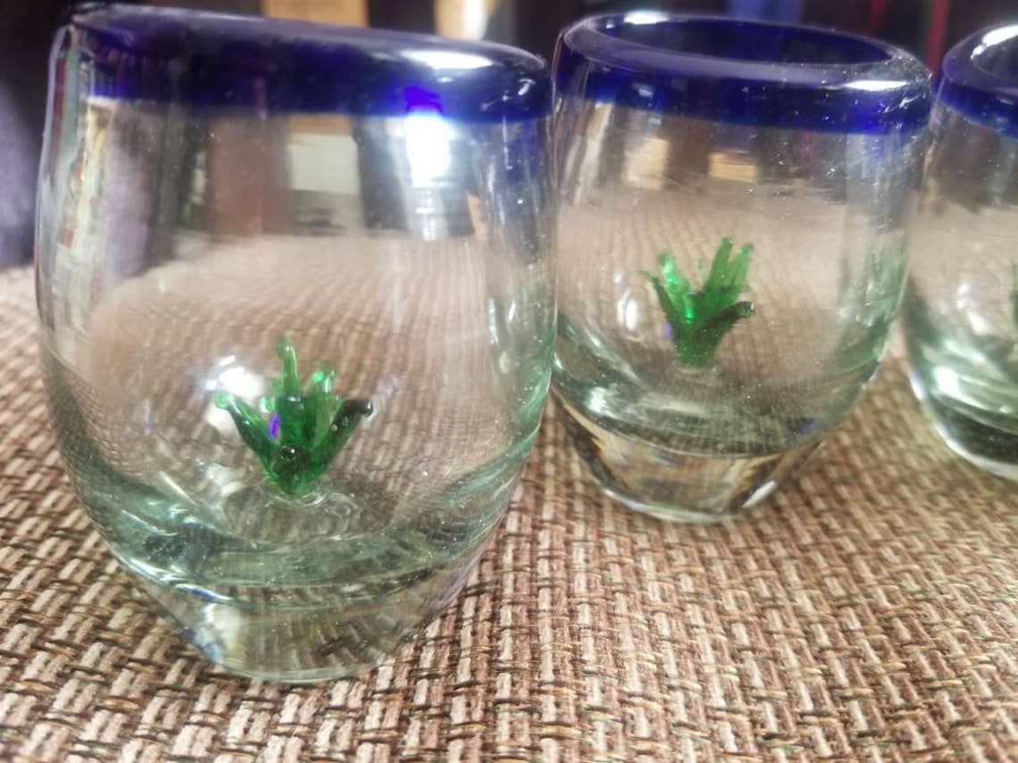 Set of 4 Hand Blown Mexican Shot Glasses Cobalt Blue Agave Etsy