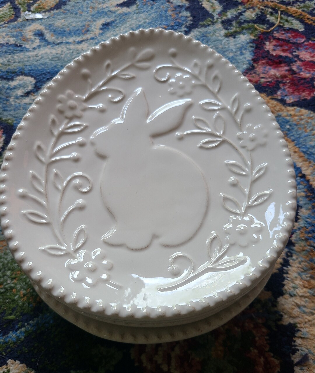 Set of 6 Pier 1 Bunny Rabbit Easter Egg Shaped Snack Plate 8.75 White