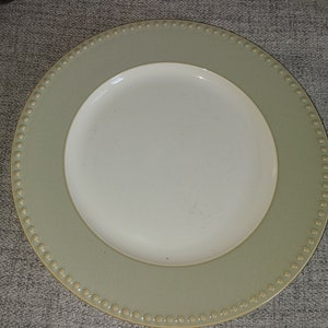 May include: A light green ceramic dinner plate with a white center and a beaded rim.