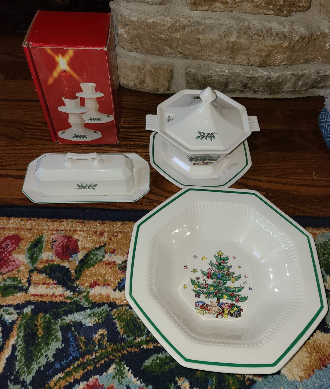 Lot of 7 Nikko Christmastime 1 Covered Butter, 1 Vegetable Bowl, 2 Candle Holders, 1 Covered