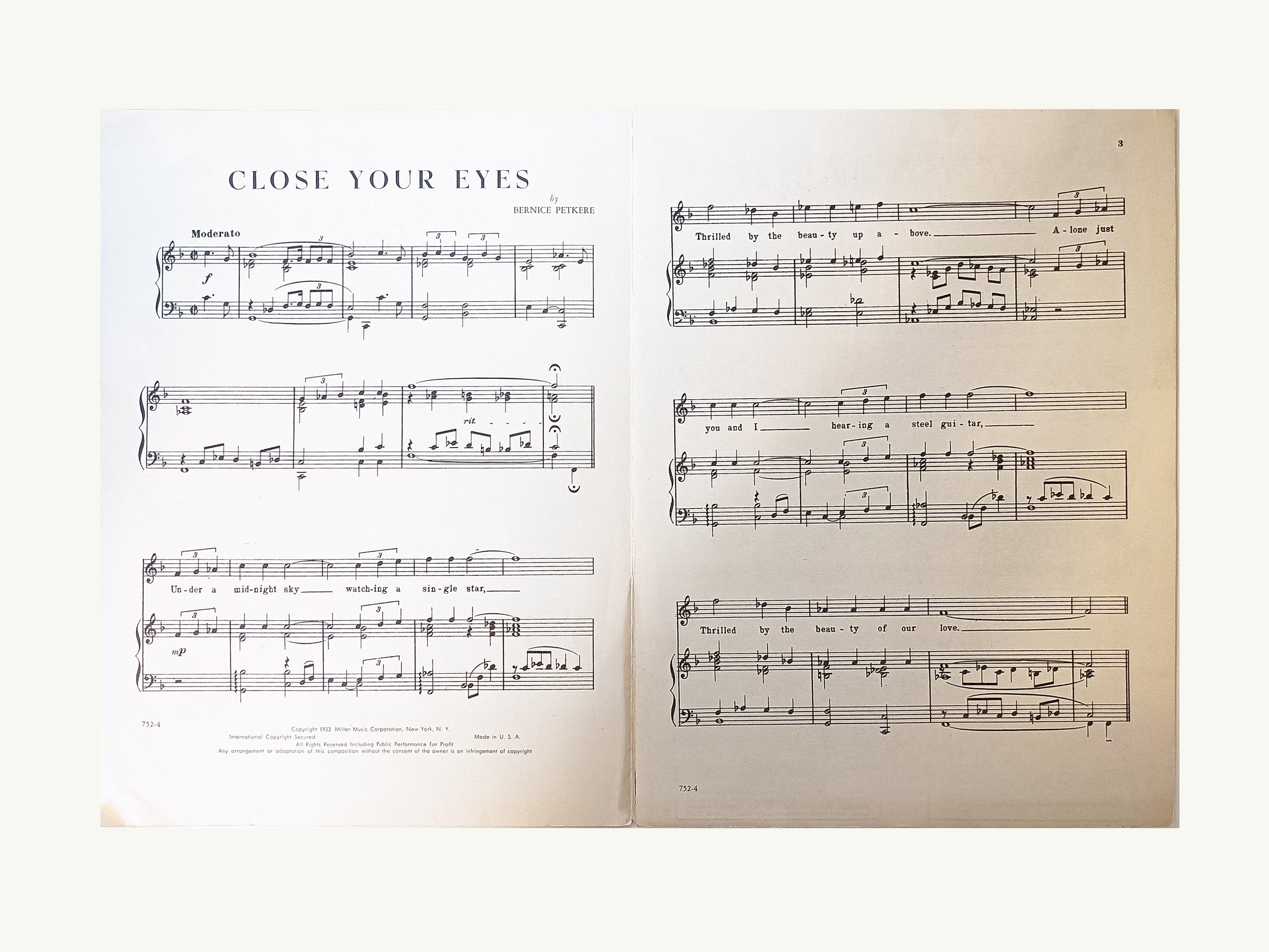 Close Your Eyes, Bernice Petkere, Sheet Music Etsy
