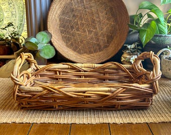 Vintage Dounle Handle Rectangle Rattan And Bamboo Basket