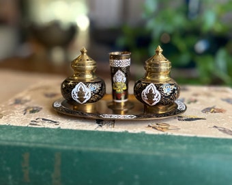 Vintage Brass and Enamel Buddha S&P Shakers Toothpick Holder and Tray