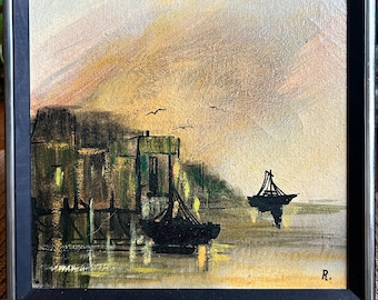 Framed Acrylic On Canvas Boat Scene