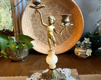 Antique Brass And Marble Cherub Candle Holder
