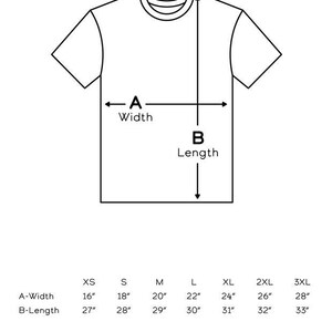 May include: A white t-shirt size chart with measurements in inches. The chart includes width and length dimensions for sizes XS to 3XL. The shirt is made of a tri-blend construction of polyester, cotton, and rayon.