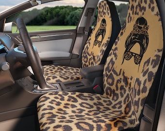 Leopard Pattern Polyester Car Seat Covers Messy Bun Mom 2 Front