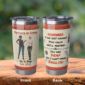 Partners in Crime, Best Friends, Funny Saying, Personalized Custom Character, 20oz Insulated Tumbler with Closing Lid