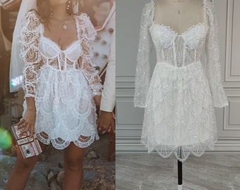 Sequin Beaded Long Puff Sleeves Lace Mini Wedding Dress - Short white dress graduation - After Party Dress - Sexy Boho Low Back Bridal Gown