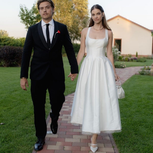 Elegant White Short A-Line Wedding Dress - Open Back Reception dress - Square Neck Spaghetti Straps Courthouse Wedding Dress - princess gown