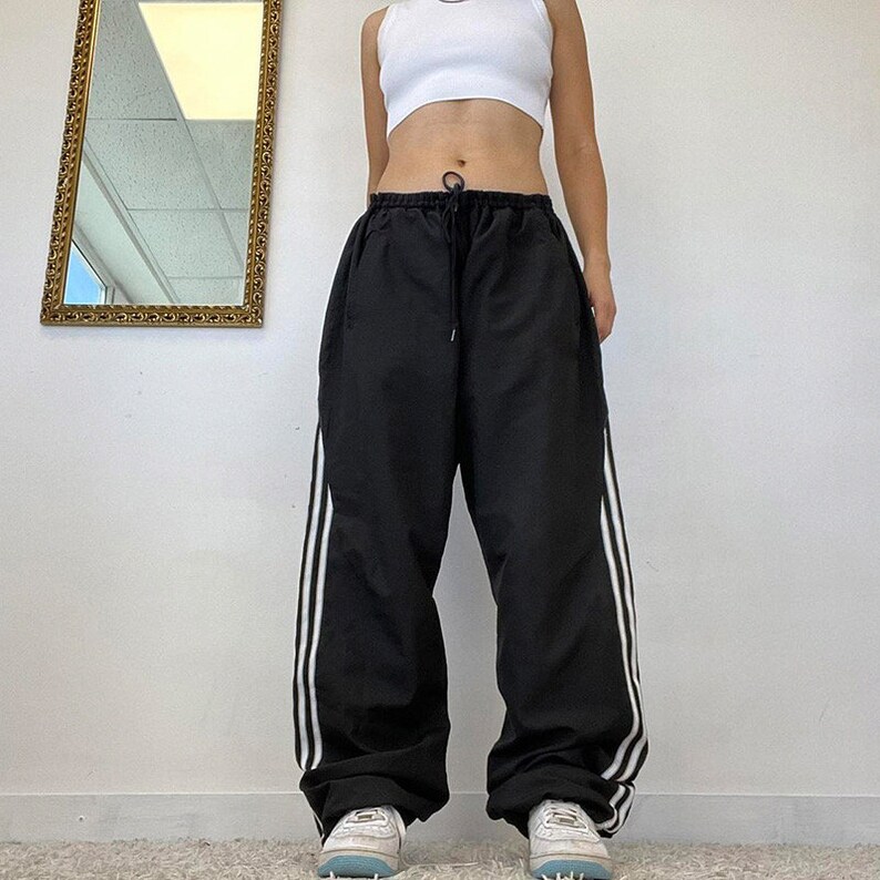 Black Side Striped Pants Baggy Track Pants Swishy Pants 90s Etsy