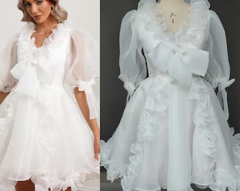 Mini Organza Puff Dress - Angel Princess Fairy Wedding Dress - Homecoming Dress - V Neck  Lantern Sleeves Ruffles Applique Bridal Gown