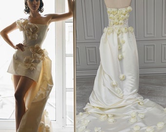 3D Floral Mini Wedding Dress - Ivory backless engagement court wedding dress - Custom Made Taffeta Detachable Train Bridal shower dress