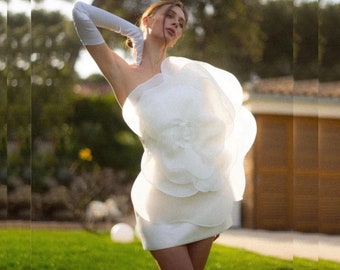 White Oblique Shoulder Decorative Flower Dress - Luxury Off Shoulder Wedding Dress - Party Gathering Evening Dress Sexy Elegant Mini Dress