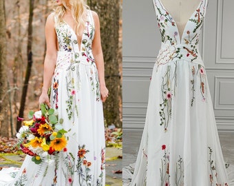 Embroidered Wildflower Colorful Wedding Gown | Botanical Garden Inspired Dress Bohemian A-Line Bridal Dress | Whimsical Floral Wedding Dress