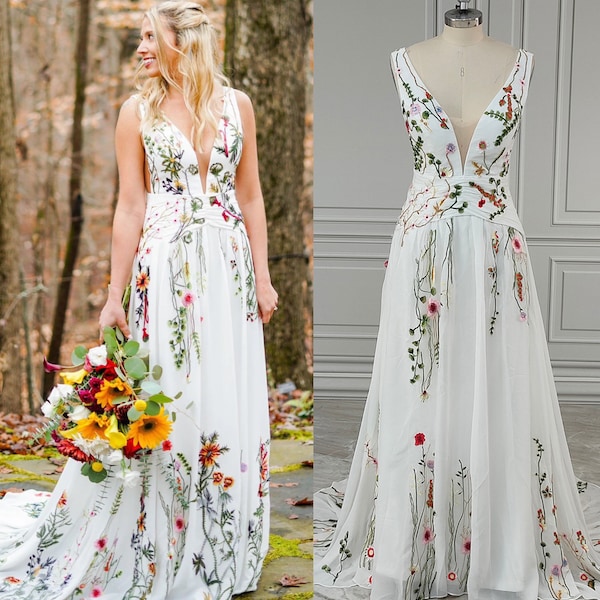 Embroidered Wildflower Colorful Wedding Gown | Botanical Garden Inspired Dress Bohemian A-Line Bridal Dress | Whimsical Floral Wedding Dress