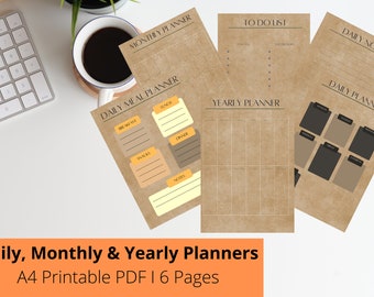 A4 6 pages Daily Planner | Weekly Planner | Monthly Planner | Yearly Planner I Printable Planner | Brown Planner IMeal Planner I Daily notes