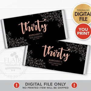 DIGITAL Black White Rose Gold Floral Chocolate Bar Wrapper, Candy Bar Wrapper, Personalized Chocolate,Party Favor,30th Birthday Party Supply