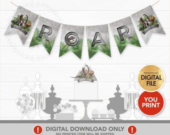 Dinosaur Jurassic Bunting PRINTABLE, Dinosaur Flag Banner, Dinosaur Party Decoration, Personalized Dinosaur Jurassic Party Supply