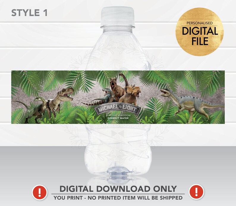 Dinosaur Water Bottle Label PRINTABLE, Personalised Dinosaur Jurassic ...