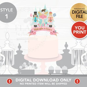 May include: A printable cake topper featuring a ballerina, nutcracker, and candy canes. The topper is decorated with pink, blue, and gold accents and includes the text "Mikayla is Eight".